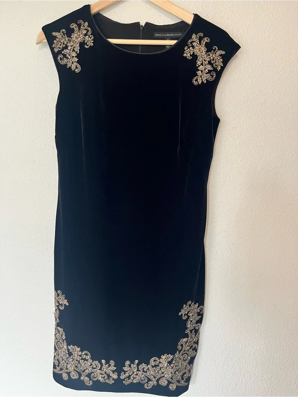White House Black Market Black Velvet Mini Dress with Gold Appliqué - Picture 2 of 8